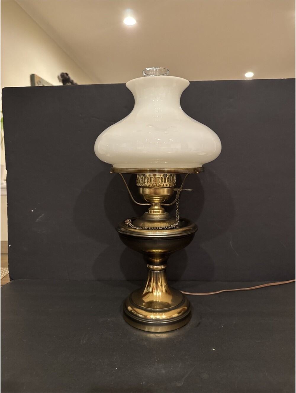 Vintage Brass Electrified Oil Lamp W Glass Chimney & Milk Glass Shade 19” X 9”